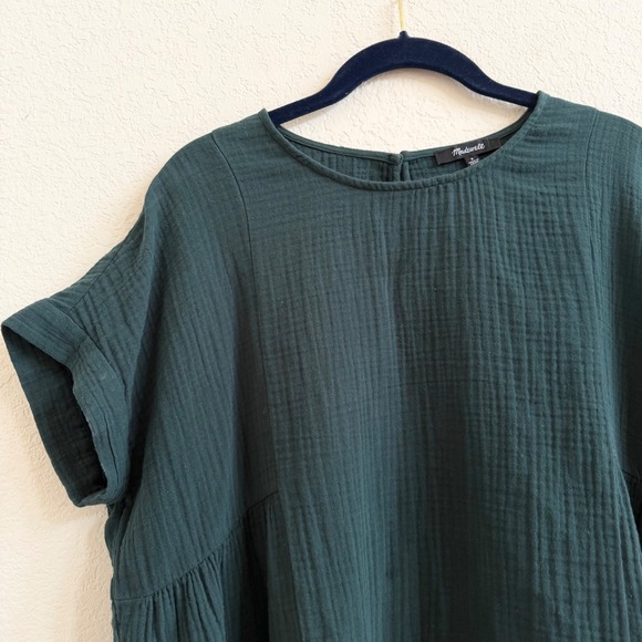 Madewell Lightspun Cuffed-Sleeve Shirred Top Green Cotton Gauzy Boxy Blouse - Picture 4 of 10
